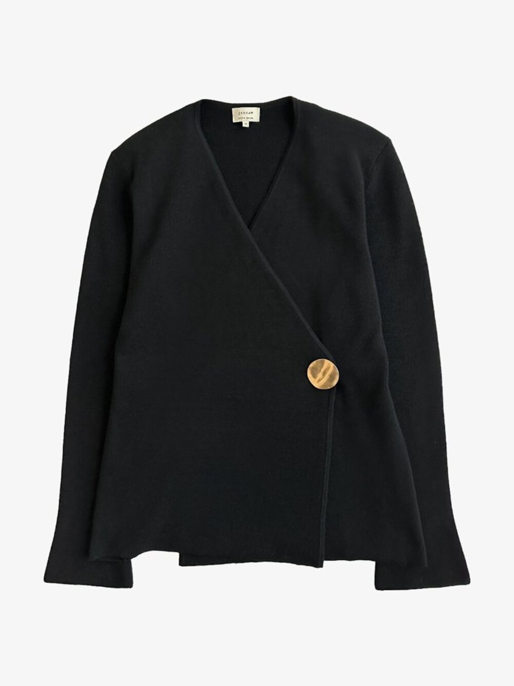 Black Adjustable Wool Blend Bronze Snap Button Wrap Cardigan Sweater by Jigsaw